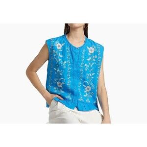Johnny Was Women's Embroidered Peplum Cap Sleeve Linen Top Blue Boho Large NWT